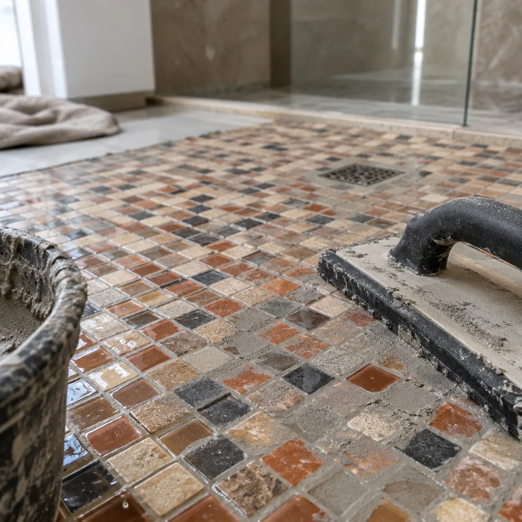 Mosaico in tessere color terracotta, sabbia e carbone appena stuccato