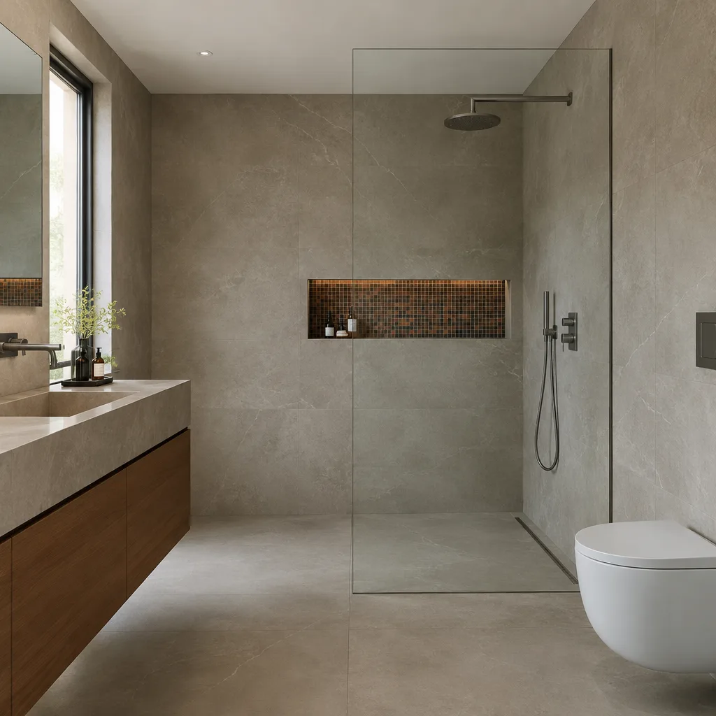 Bagno con pareti e pavimento in lastre di gres di grande formato e nicchia in mosaico