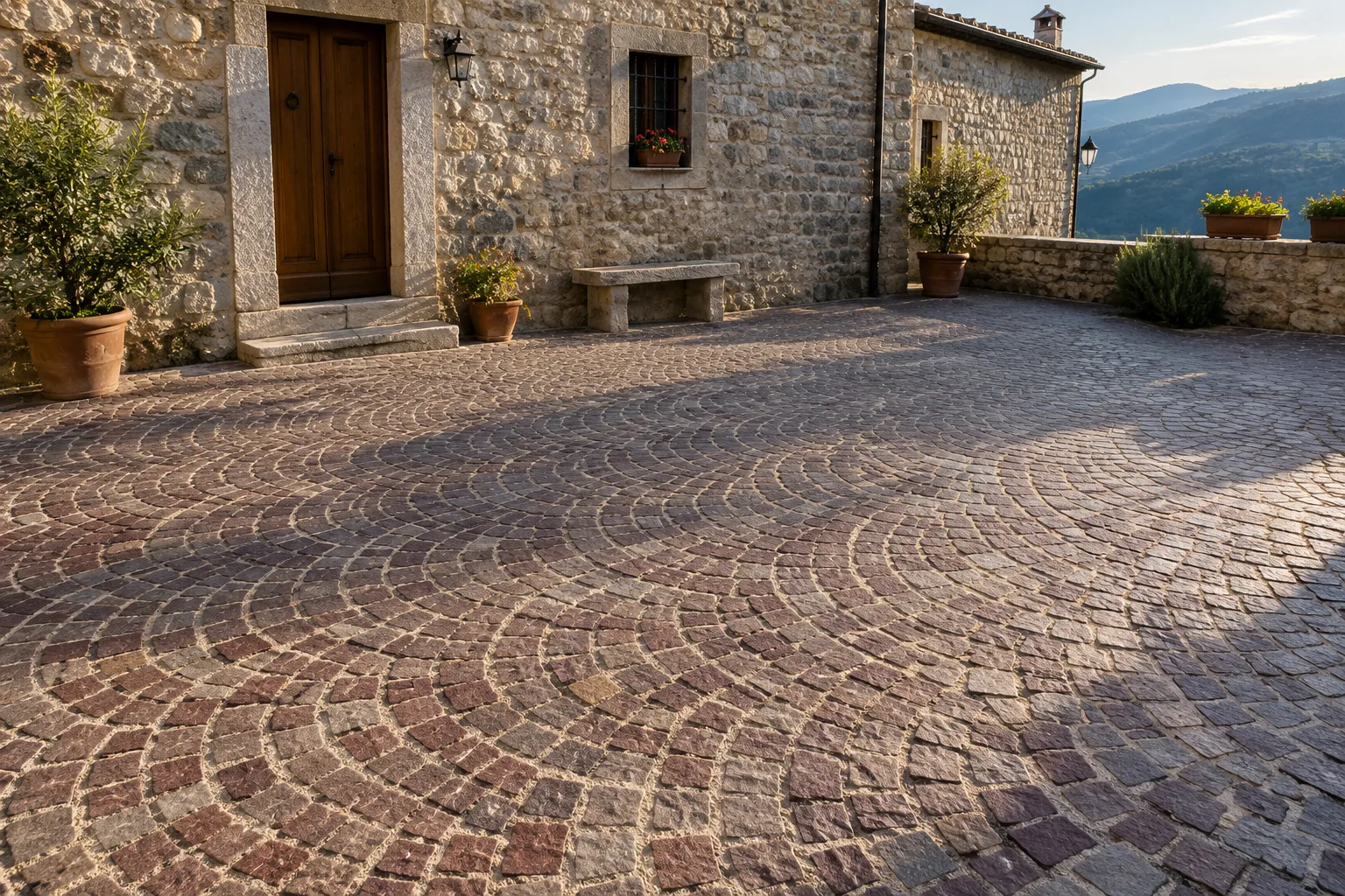 Cortile pavimentato a cubetti di porfido posati ad archi