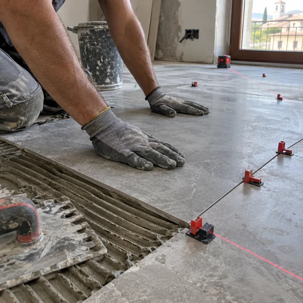 Posa di una lastra in gres 120×120 con distanziatori livellanti e linea della livella laser