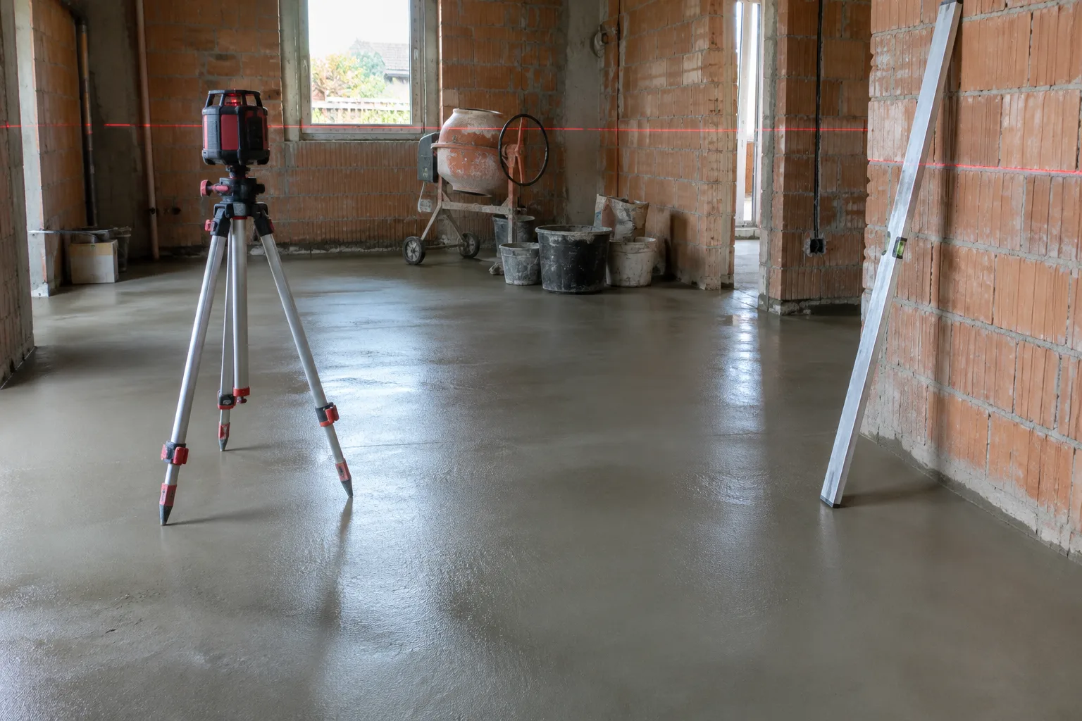 Massetto appena tirato in un cantiere, con livella laser su treppiede