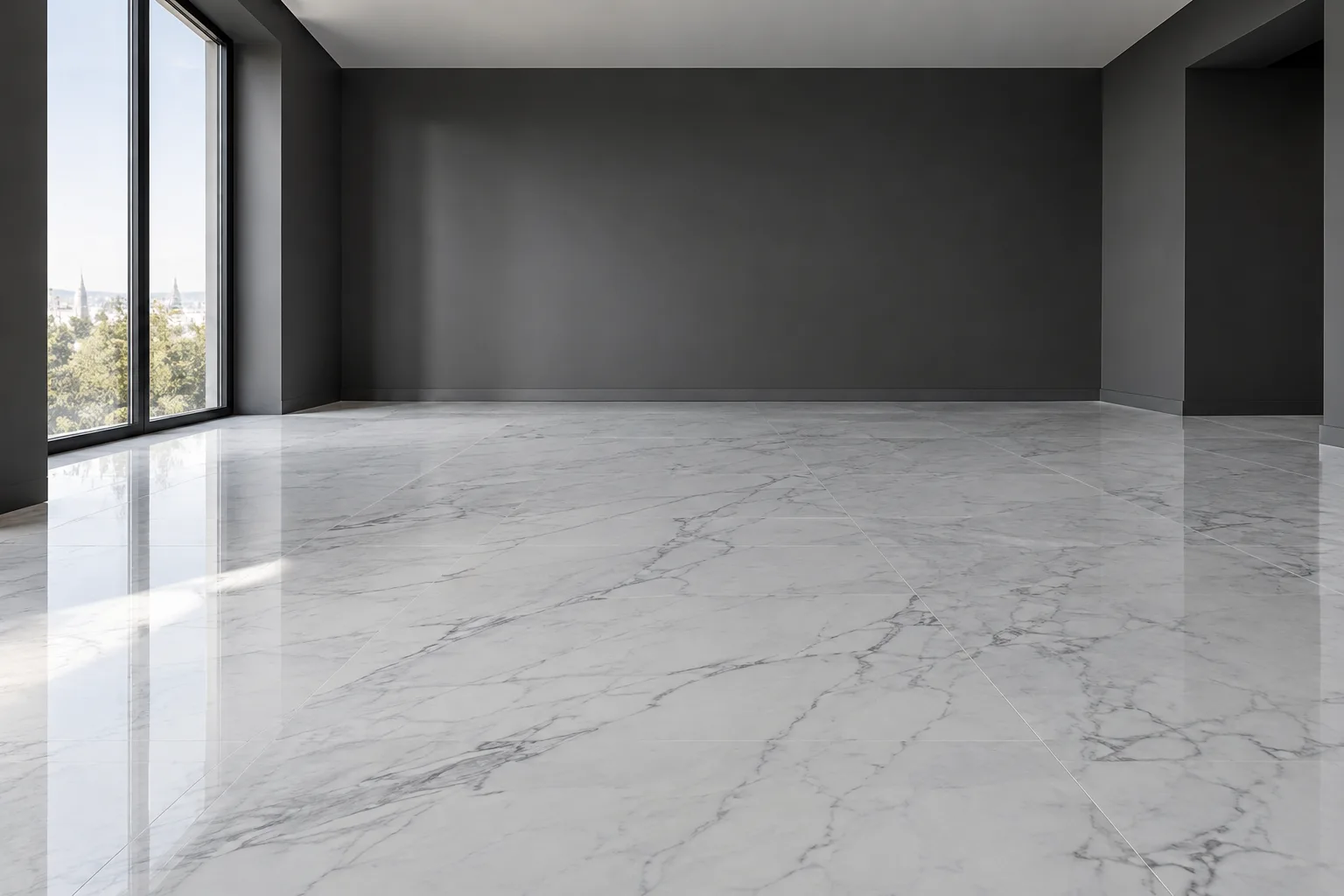 Soggiorno con pavimento in marmo bianco venato a lastre