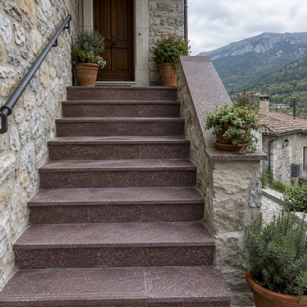 Scala esterna rivestita in porfido davanti a una casa in pietra