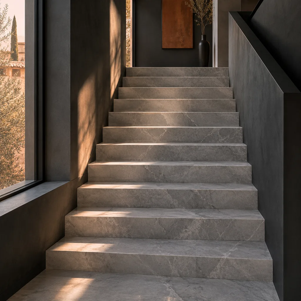 Scala interna rivestita in marmo grigio con gradini a spigolo vivo